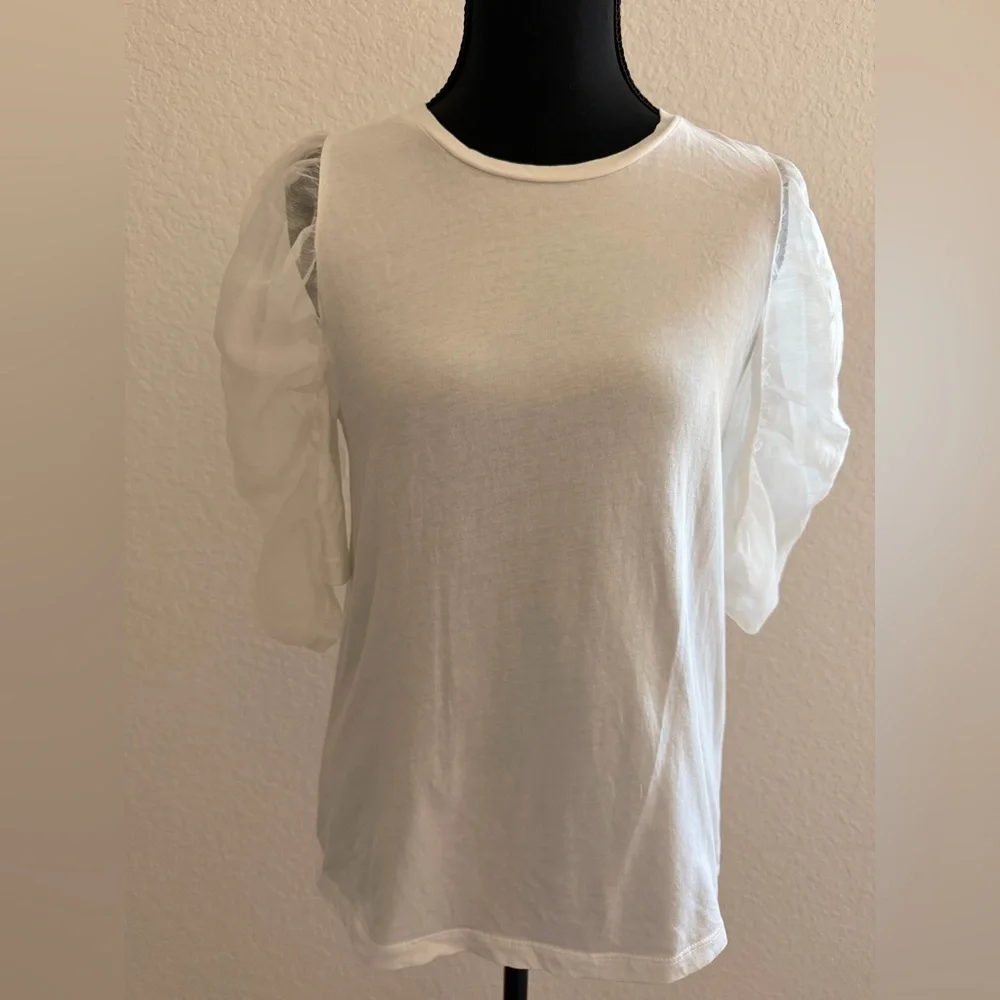 ZARA White Blouse with Tulle Puff Sleeves | Romantic Feminine Top
